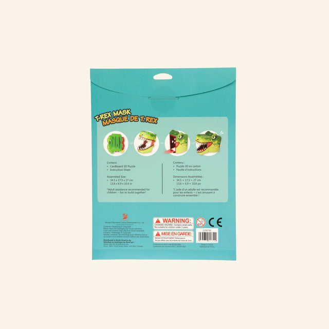Back of the T-Rex Mask craft kit packaging showing assembly examples, product details, warning information, and teal package design.