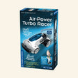 Thames & Kosmos Air-Power Turbo Racer retail box showing a white futuristic race car with blue windshield, air-powered engine graphics, “Fast!” and “Vrooom!” callouts, and age 8+ guidance.