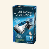 Thames & Kosmos Air-Power Turbo Racer retail box showing a white futuristic race car with blue windshield, air-powered engine graphics, “Fast!” and “Vrooom!” callouts, and age 8+ guidance.