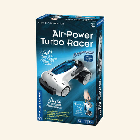 Thames & Kosmos Air-Power Turbo Racer retail box showing a white futuristic race car with blue windshield, air-powered engine graphics, “Fast!” and “Vrooom!” callouts, and age 8+ guidance.