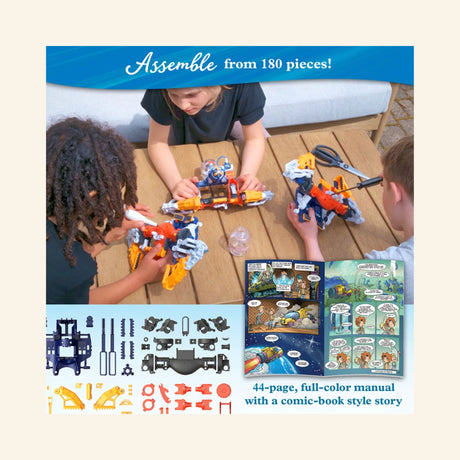 Children assembling the Thames & Kosmos Mega Cyborg Hydro Blaster at a table with the instruction manual, plastic parts, and completed orange-and-blue blaster pieces spread out in front of them.