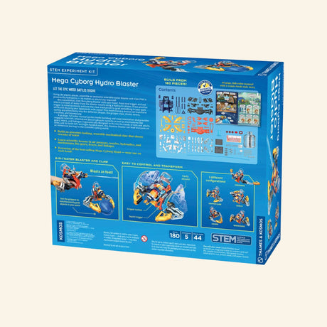Back of the Thames & Kosmos Mega Cyborg Hydro Blaster retail box showing diagrams, build steps, action photos, feature callouts, and STEM learning information.