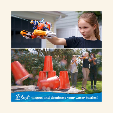 Child wearing the Thames & Kosmos Mega Cyborg Hydro Blaster on her hand and aiming it outdoors, with a second image showing kids using the blaster to knock over red plastic targets.