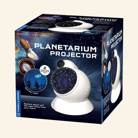 Thames & Kosmos Planetarium Projector retail box showing the white projector, constellation dome, planet imagery, and space-themed packaging graphics.