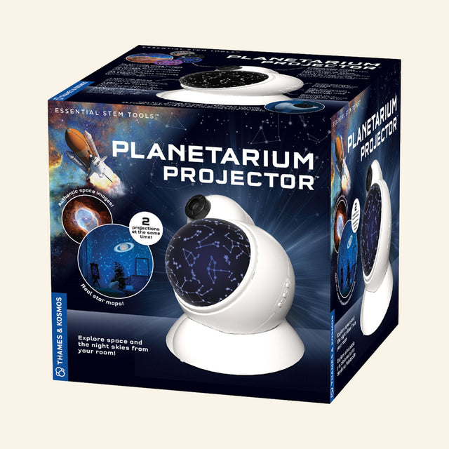 Thames & Kosmos Planetarium Projector retail box showing the white projector, constellation dome, planet imagery, and space-themed packaging graphics.