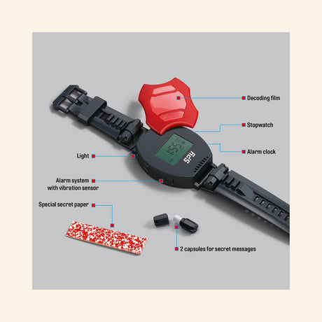 Thames & Kosmos Spy Labs: 9-in-1 Spy Watch laid flat with labels pointing to the decoding film, stopwatch, alarm clock, light, vibration alarm system, secret message paper, and two capsules for hidden messages.