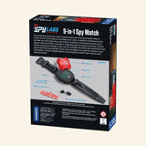 Back of the Thames & Kosmos Spy Labs: 9-in-1 Spy Watch retail box showing the black wristwatch, red decoder film, feature labels, product description, and package information.