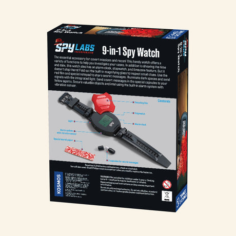 Back of the Thames & Kosmos Spy Labs: 9-in-1 Spy Watch retail box showing the black wristwatch, red decoder film, feature labels, product description, and package information.