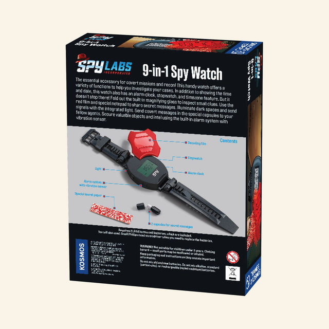 Back of the Thames & Kosmos Spy Labs: 9-in-1 Spy Watch retail box showing the black wristwatch, red decoder film, feature labels, product description, and package information.