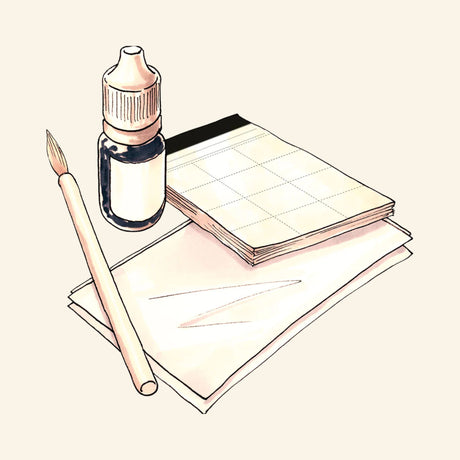 Illustration of the Spy Labs fingerprinting kit tools, including a bottle of black fingerprint powder, brush, clear lifting stickers, and paper used for collecting fingerprint evidence.