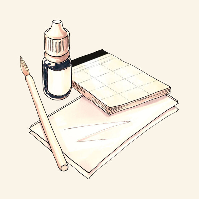 Illustration of the Spy Labs fingerprinting kit tools, including a bottle of black fingerprint powder, brush, clear lifting stickers, and paper used for collecting fingerprint evidence.