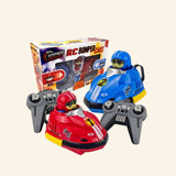 Thin Air Brands Bumper Car RC Race Set with red and blue remote control bumper cars, matching helmeted stunt drivers, two gray controllers, and retail box showing head-to-head crash action graphics.