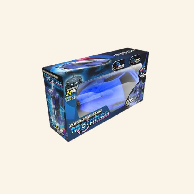 Blue Turbo Twister Morpher transforming RC car in retail packaging.
