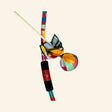 Two Bros Bows Mosaic bow and arrow set featuring a colorful striped bow with a black grip, two arrows with multicolored soft ball tips, and bright fabric accents.