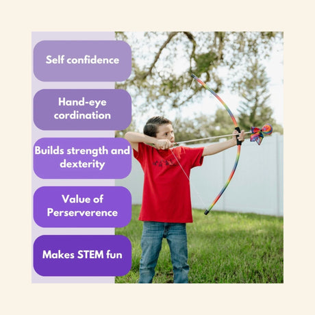 Child outdoors aiming a colorful Two Bros Bows bow and soft-tipped arrow, with text highlighting self-confidence, hand-eye coordination, strength, dexterity, perseverance, and STEM play.