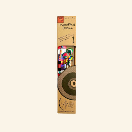 Two Bros Bows Mosaic Bow & Arrow Box Set in tall retail packaging with the colorful bow and arrows visible through the front and a round archery target graphic near the bottom.