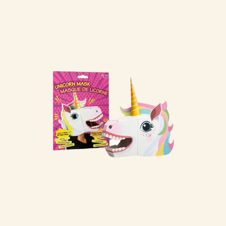 Unicorn Mask craft kit shown with bright pink packaging and a completed 3D paper unicorn mask featuring a rainbow mane, yellow horn, eyelashes, and playful open-mouth design.