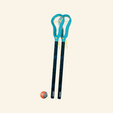 Waboba Lacrosse Set with two full-size turquoise-and-black lacrosse sticks standing upright and an orange Waboba Original water-bouncing ball placed beside them.