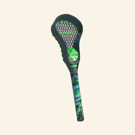 Single Waboba Urban LAX mini lacrosse stick angled forward, showing the green head, black netting, attached green string, and blue-green patterned handle.