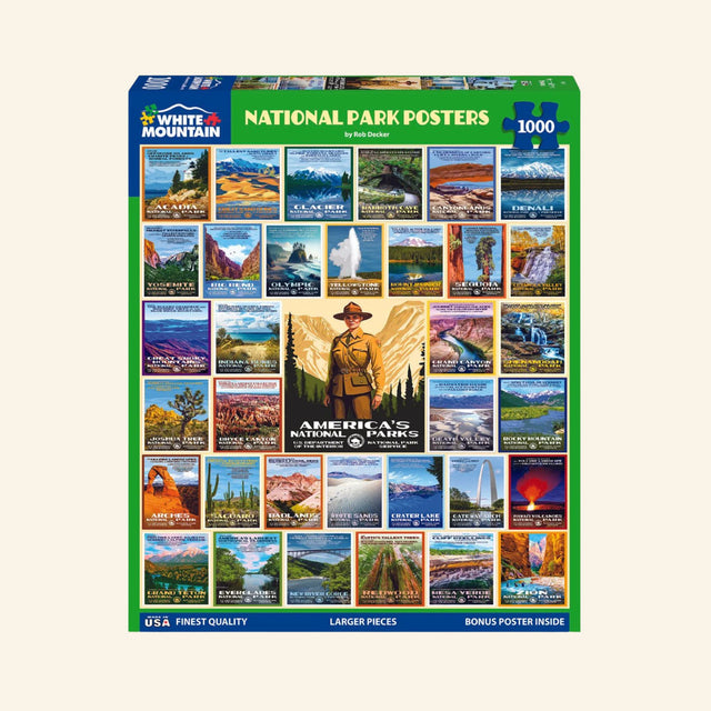 White Mountain National Park Posters 1000-piece jigsaw puzzle featuring a colorful collage of vintage-style posters from iconic U.S. National Parks with artwork by Rob Decker.