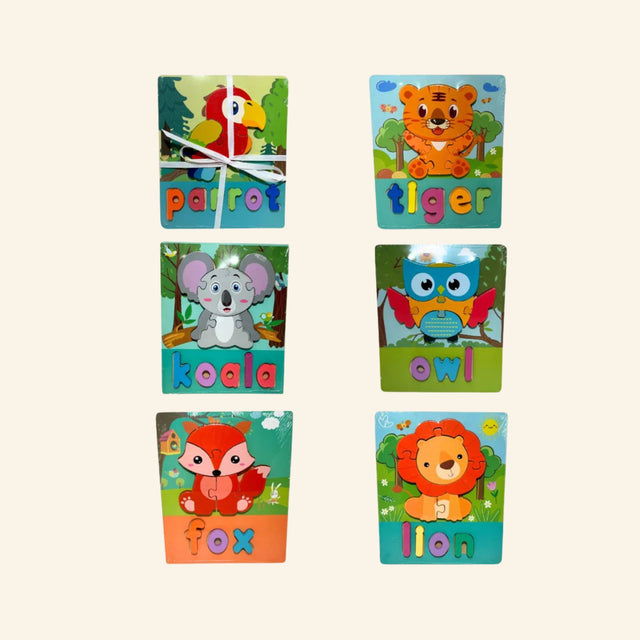 Assorted Wild Animals wooden name puzzles featuring a parrot, tiger, koala, owl, fox, and lion with colorful puzzle pieces and letter names.