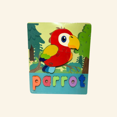 Colorful wooden parrot puzzle with removable animal-shaped pieces and letters that spell "Parrot."