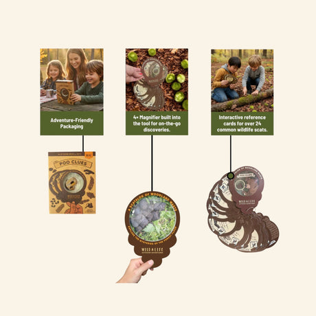 Wild Life Poo Clues feature graphic showing the package, magnifier, and flip-card guide with callouts for adventure-friendly packaging, 4x magnifier, and interactive reference cards for common wildlife scat.