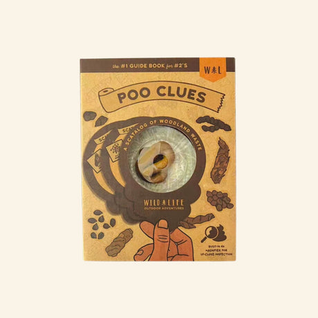 Wild Life Poo Clues package showing a playful animal scat identification guide with illustrated animal droppings, a magnifier window, and humorous outdoor tracking graphics.