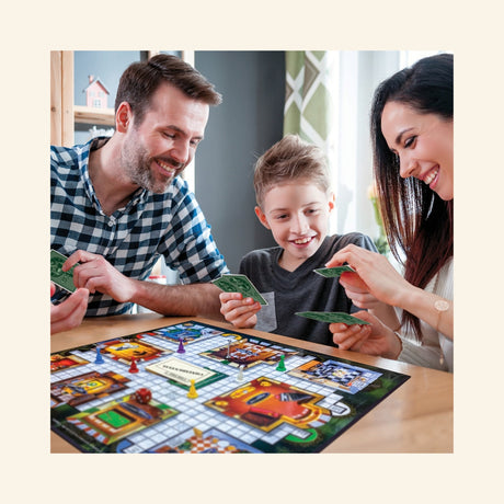 Family playing Winning Moves Clue Classic Edition at a table, holding cards while the mansion game board, dice, and game pieces are set up in front of them.