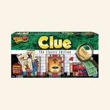 Winning Moves Clue Classic Edition retail box showing the classic green Clue packaging, suspect cards, mansion room artwork, weapons, dice, and magnifying glass graphic.
