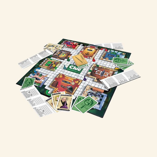 Winning Moves Clue Classic Edition game contents shown with the mansion game board, suspect cards, room cards, weapon cards, clue sheets, dice, and game pieces.