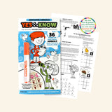 Yes & Know Activity Book with blue cover, orange magic marker, and sample pages showing picture puzzles, mazes, word games, and hidden answers revealed with invisible ink.
