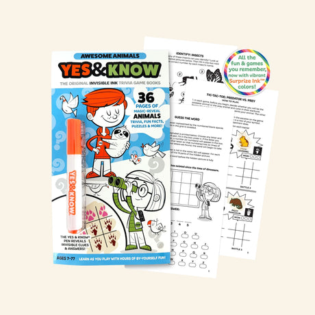 Yes & Know Activity Book with blue cover, orange magic marker, and sample pages showing picture puzzles, mazes, word games, and hidden answers revealed with invisible ink.