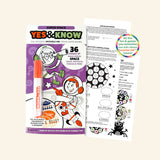 Yes & Know Activity Book with purple cover, orange magic marker, and sample pages showing sports-themed puzzles, word games, drawing activities, and invisible ink answer reveals.