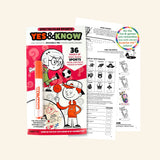 Yes & Know Activity Book with red cover, orange magic marker, and sample pages showing mystery puzzles, drawing prompts, matching games, and hidden invisible ink answers.
