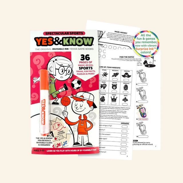 Yes & Know Activity Book with red cover, orange magic marker, and sample pages showing mystery puzzles, drawing prompts, matching games, and hidden invisible ink answers.