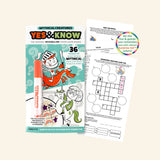 Yes & Know Activity Book with teal cover, orange magic marker, and sample pages showing maze activities, matching games, word puzzles, and invisible ink reveal sections.