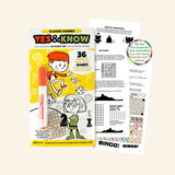 Yes & Know Classic Games invisible ink activity book shown with an orange magic marker and sample puzzle pages featuring bingo, battleship, trivia, mazes, and hidden-answer games.