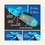 Close-up diagram of the blue ZipString Aracna web shooter identifying the launch and retract control, power switch, USB charging port, glow switch, and internal string container.