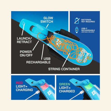 Close-up diagram of the blue ZipString Aracna web shooter identifying the launch and retract control, power switch, USB charging port, glow switch, and internal string container.
