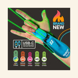 ZipString Aracna blue wrist-mounted web shooter launching a glowing green loop of string, with five included string options shown in different colors and lengths.