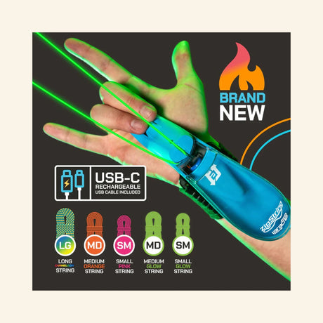 ZipString Aracna blue wrist-mounted web shooter launching a glowing green loop of string, with five included string options shown in different colors and lengths.
