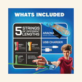 ZipString Aracna web shooter kit showing the blue wrist launcher, USB charging cable, five strings in three different lengths, and a child demonstrating the toy.