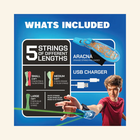 ZipString Aracna web shooter kit showing the blue wrist launcher, USB charging cable, five strings in three different lengths, and a child demonstrating the toy.