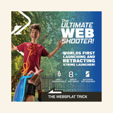 Child wearing the ZipString Aracna web shooter outdoors and performing the Web Splat trick with a glowing loop of string extended between his hands.