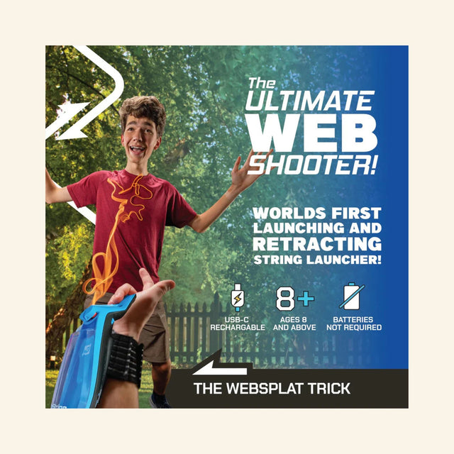 Child wearing the ZipString Aracna web shooter outdoors and performing the Web Splat trick with a glowing loop of string extended between his hands.